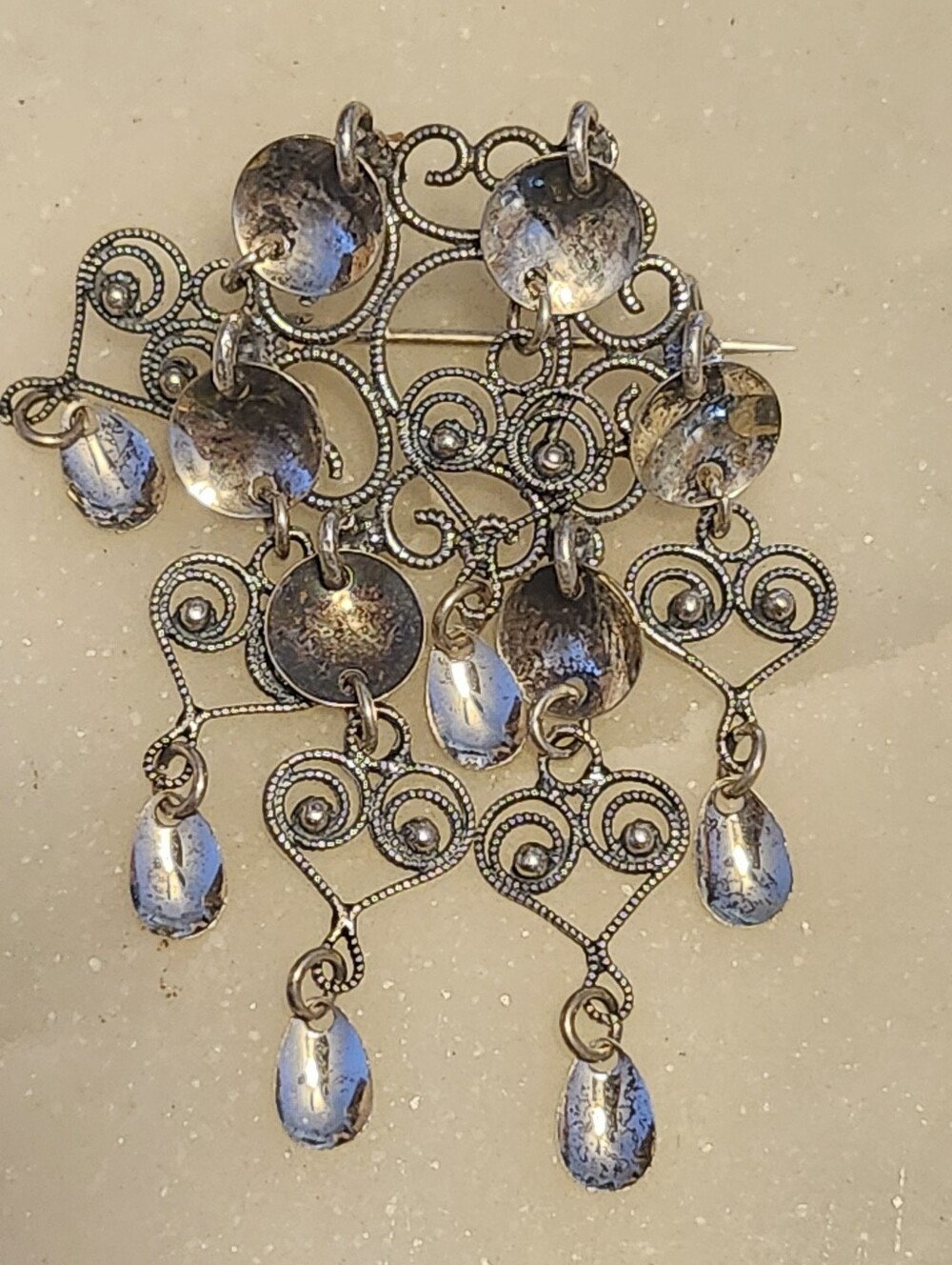 Silver Filigree Dangle Brooch - Elegant Women’s Jewelry